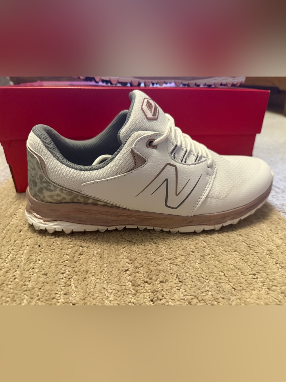New Balance Women’s White and Rose Gold Athletic Sneakers - golf shoes - Picture 2 of 8